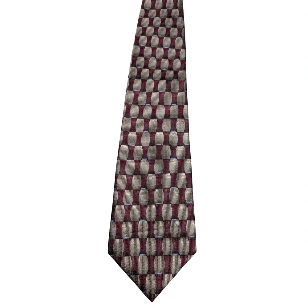 Joseph & Feiss Necktie Mens OS Burgundy Gold Silk Geometric Wide Classic Tie 60L